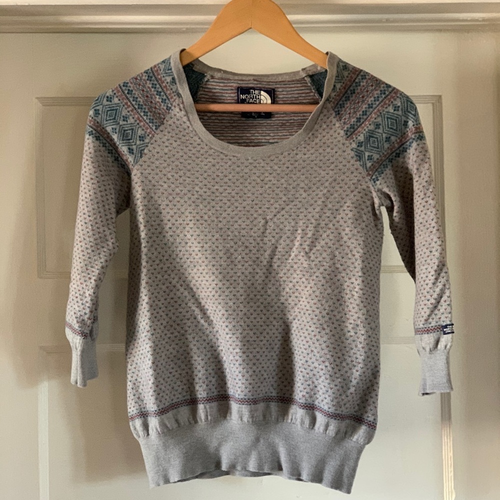North Face sweater, grey fair isle, 3/4 sleeve